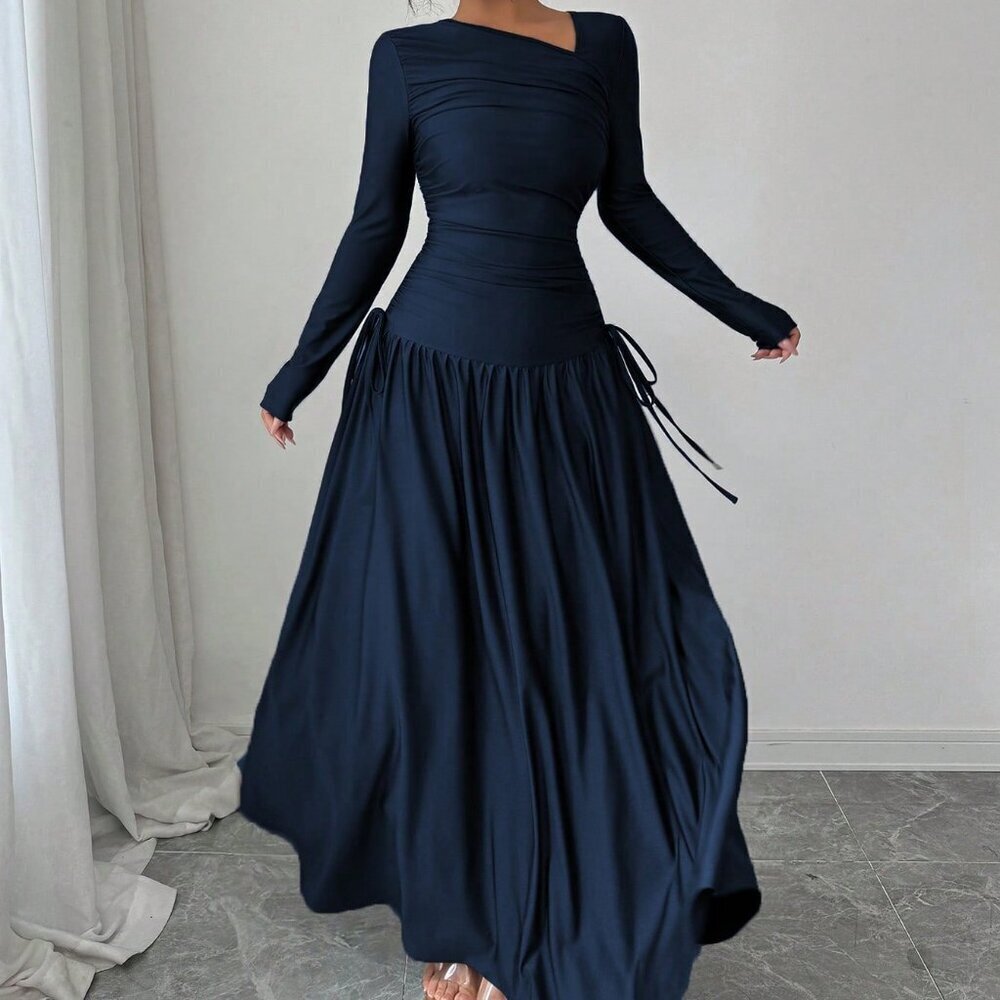 Royal Elegant Women's Oblique Collar Long Sleeve Pleated A-Line Long Dress - Picture 7 of 8